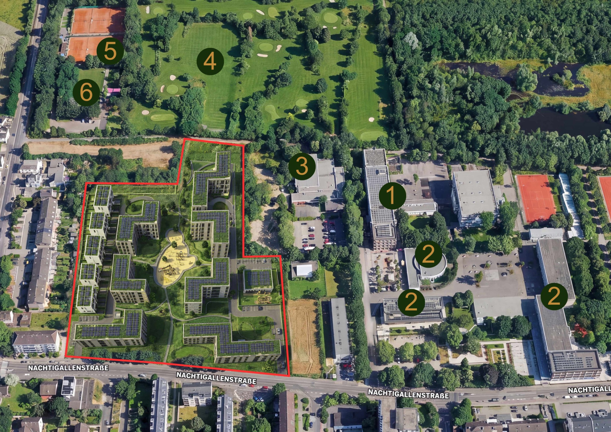 Luftbild der Lage und Nachbarschaft des NachtigallenPark mit markierter Umgebung und Legende zu Realschule, Gymnasium, Wahnbad, Golf, Tennis und Bogenschießen